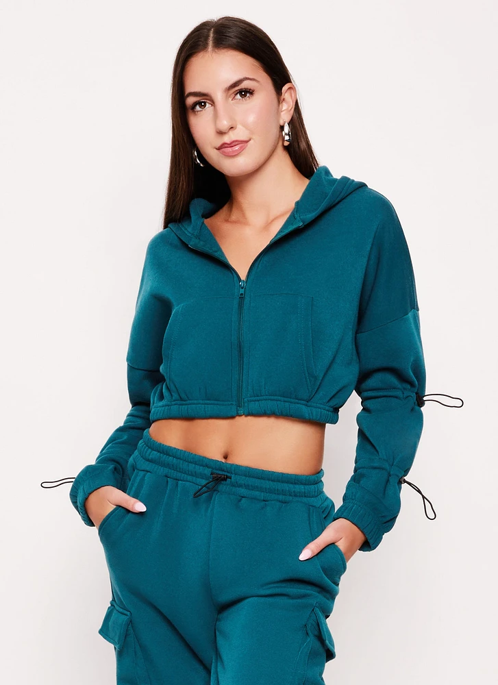 Womens Fleece Toggle Drawstring Zip Front Hoodie,