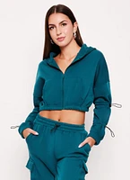 Womens Fleece Toggle Drawstring Zip Front Hoodie,
