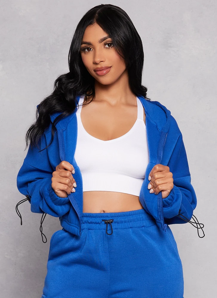 Womens Fleece Toggle Drawstring Zip Front Hoodie, Blue,