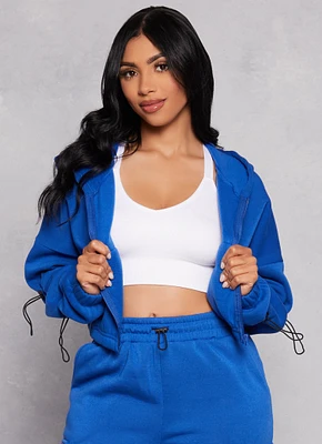 Womens Fleece Toggle Drawstring Zip Front Hoodie, Blue,