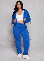 Womens Fleece Toggle Drawstring Zip Front Hoodie, Blue,