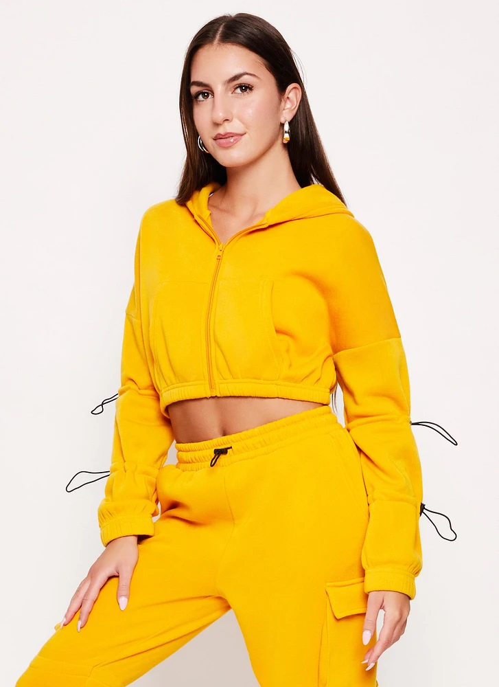 Womens Fleece Toggle Drawstring Zip Front Hoodie, Yellow, Size L