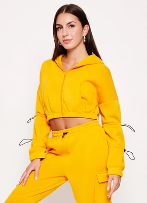 Womens Fleece Toggle Drawstring Zip Front Hoodie, Yellow, Size L