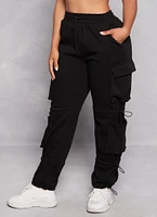 Womens Solid Fleece Toggle Drawstring Cargo Joggers, Black, Size S