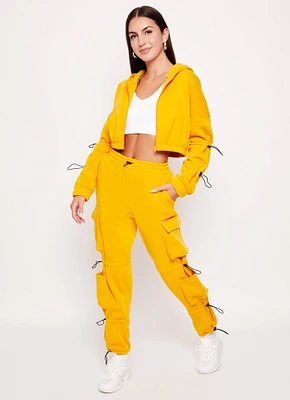 Womens Solid Fleece Toggle Drawstring Cargo Joggers, Yellow, Size S