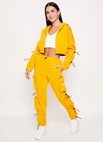 Womens Solid Fleece Toggle Drawstring Cargo Joggers, Yellow, Size S