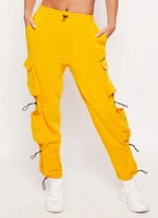 Womens Solid Fleece Toggle Drawstring Cargo Joggers, Yellow, Size S