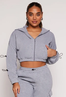 Womens Toggle Drawstring Cropped Zip Front Hoodie, Grey, Size L