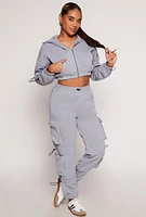 Womens Toggle Drawstring Cropped Zip Front Hoodie, Grey, Size L