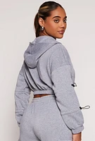 Womens Toggle Drawstring Cropped Zip Front Hoodie, Grey, Size L