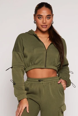 Womens Toggle Drawstring Cropped Zip Front Hoodie,
