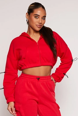 Womens Toggle Drawstring Cropped Zip Front Hoodie, Red, Size S