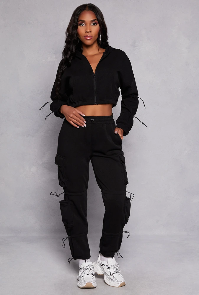 Womens Fleece Toggle Drawstring Cargo Sweatpants,