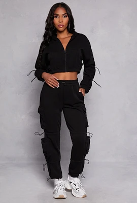 Womens Fleece Toggle Drawstring Cargo Sweatpants, Black, Size XL