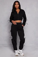 Womens Fleece Toggle Drawstring Cargo Sweatpants, Black, Size XL