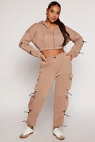 Womens Fleece Toggle Drawstring Cargo Sweatpants, Khaki, Size S