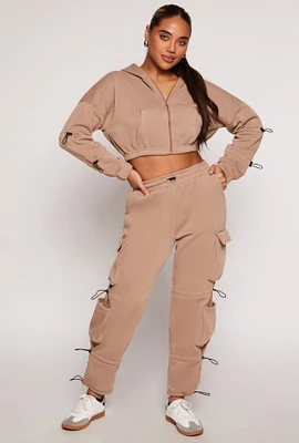 Womens Fleece Toggle Drawstring Cargo Sweatpants, Khaki, Size L