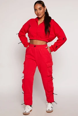 Womens Fleece Toggle Drawstring Cargo Sweatpants, Red, Size M