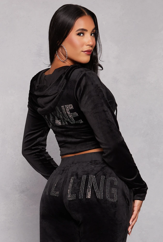 Womens Velour Hotline Rhinestone Zip Front Hoodie,