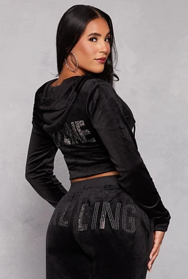 Womens Velour Hotline Rhinestone Zip Front Hoodie,