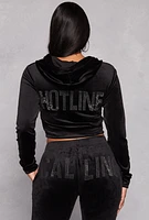 Womens Velour Hotline Rhinestone Zip Front Hoodie,