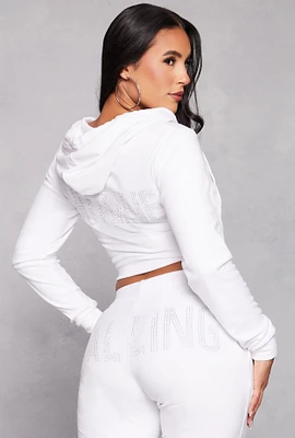 Womens Velour Hotline Rhinestone Zip Front Hoodie, White, Size L