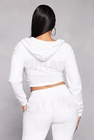 Womens Velour Hotline Rhinestone Zip Front Hoodie, White, Size L