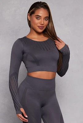 Womens Seamless Laser Cut Long Sleeve Crop Top, Grey, Size L