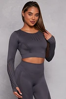 Womens Seamless Laser Cut Long Sleeve Crop Top, Grey, Size L