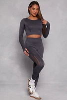 Womens Seamless Laser Cut Long Sleeve Crop Top, Grey, Size M