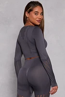 Womens Seamless Laser Cut Long Sleeve Crop Top, Grey, Size M