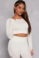 Womens Seamless Laser Cut Long Sleeve Crop Top, White, Size M