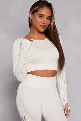 Womens Seamless Laser Cut Long Sleeve Crop Top, White, Size L