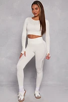 Womens Seamless Laser Cut Long Sleeve Crop Top, White, Size M