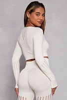 Womens Seamless Laser Cut Long Sleeve Crop Top, White, Size M