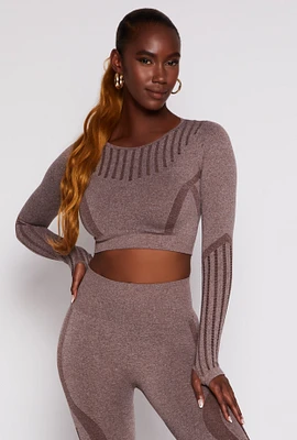 Womens Seamless Laser Cut Long Sleeve Crop Top, Brown, Size L