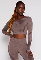 Womens Seamless Laser Cut Long Sleeve Crop Top, Brown, Size L