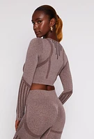 Womens Seamless Laser Cut Long Sleeve Crop Top, Brown, Size L