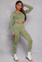 Womens Seamless Laser Cut Long Sleeve Crop Top, Green,