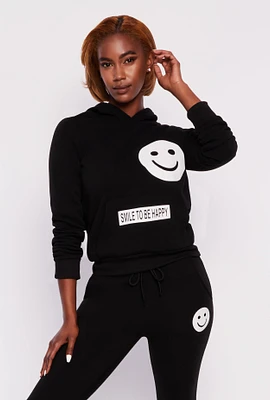 Womens Fleece Smile To Be Happy Pullover Hoodie, Black, Size S