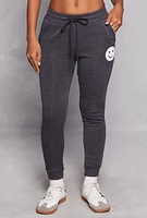 Womens Fleece Smiley Graphic Drawstring Joggers, Grey, Size M