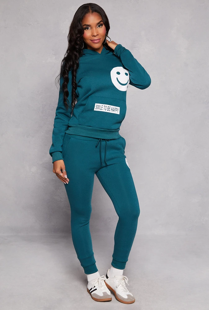 Womens Fleece Smiley Graphic Drawstring Joggers, Green,