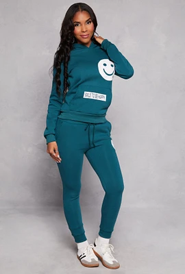 Womens Fleece Smiley Graphic Drawstring Joggers, Green,