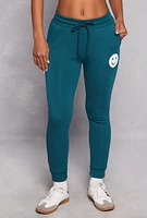 Womens Fleece Smiley Graphic Drawstring Joggers, Green,