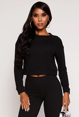 Womens Rib Knit Long Sleeve Crop Top, Black, Size M