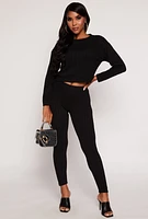 Womens Rib Knit Long Sleeve Crop Top, Black, Size S