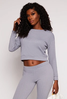 Womens Rib Knit Long Sleeve Crop Top, Grey, Size M