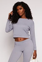 Womens Rib Knit Long Sleeve Crop Top, Grey, Size M