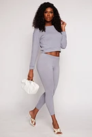 Womens Rib Knit Long Sleeve Crop Top, Grey, Size M