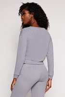 Womens Rib Knit Long Sleeve Crop Top, Grey, Size M